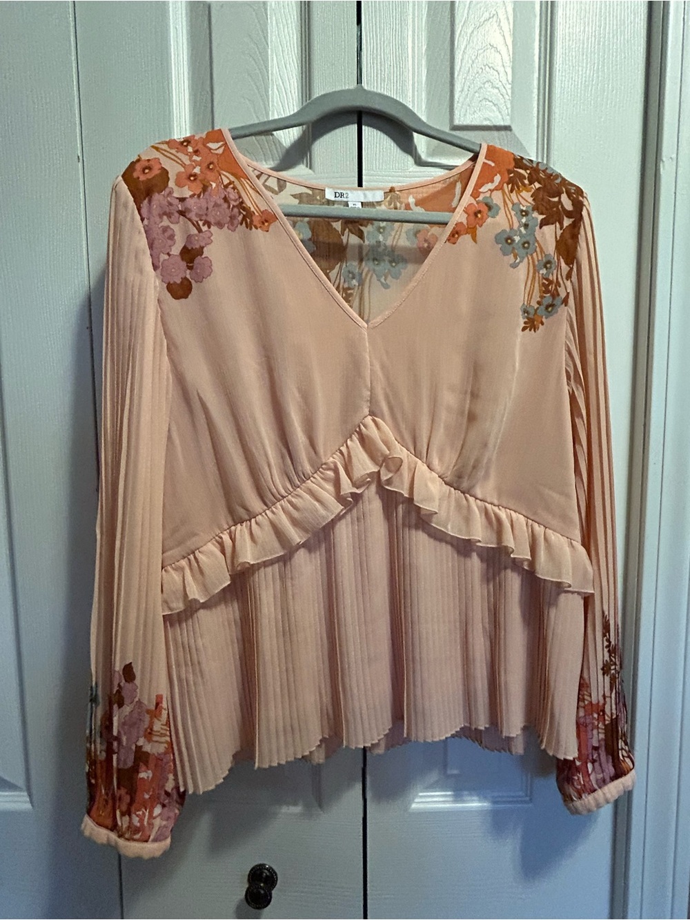 DR2 Blush Peach Floral Ruffle Pleated V-Neck Blouse